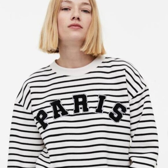 H&M Striped Paris Crew Neck Sweatshirt SZ L - Picture 2 of 10